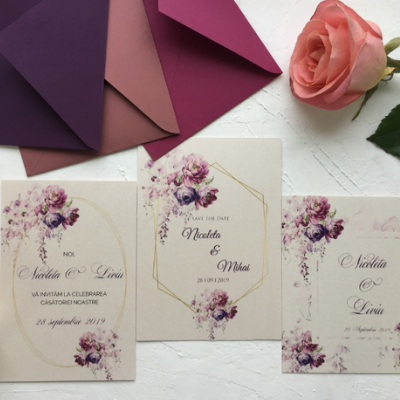 Invitatie De Nunta Cu Flori Mov Si Carton Sidef Ivoire Atelier