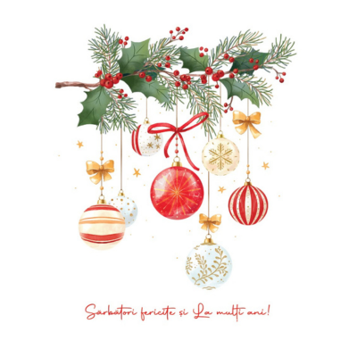 Felicitare 001 cu globuri de Crăciun